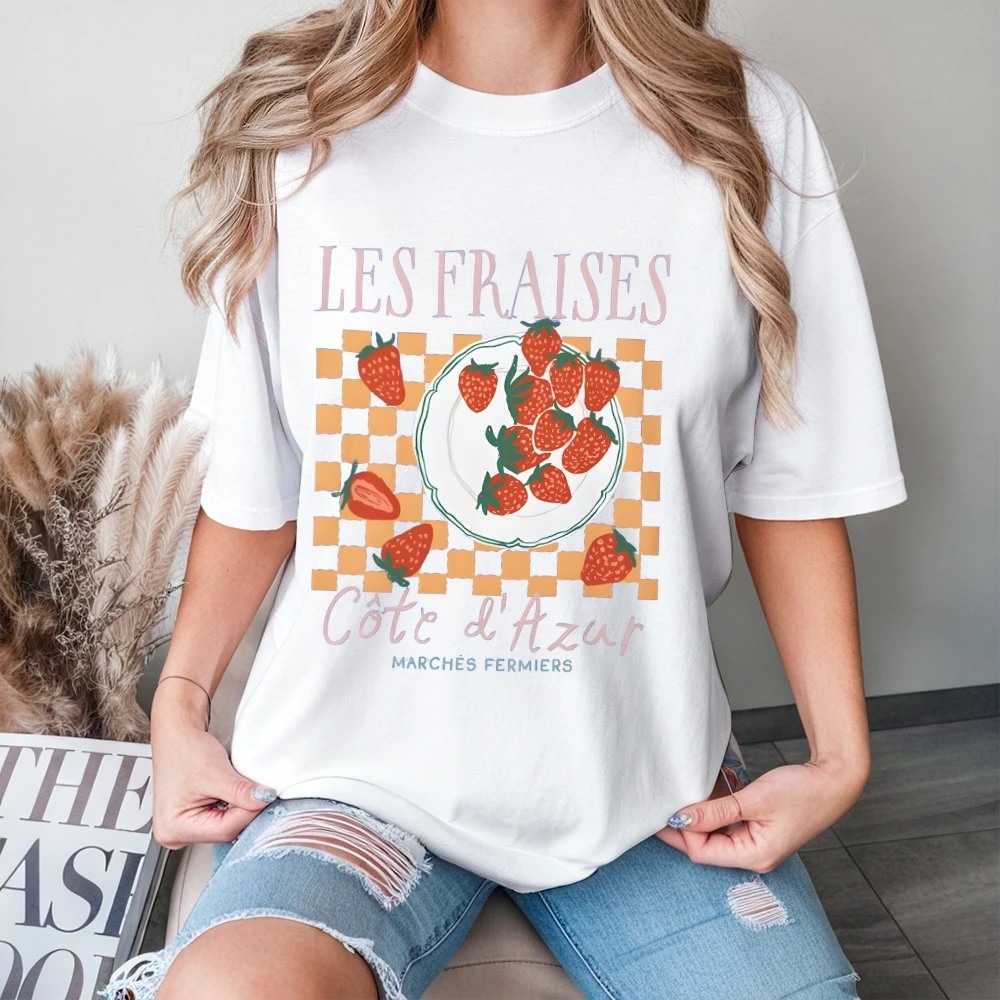 

French Straberries Les Fraises Cute Graphic Tee For Girls Women T Shirt Summer Cotton Breathable Unisex Top Clothing