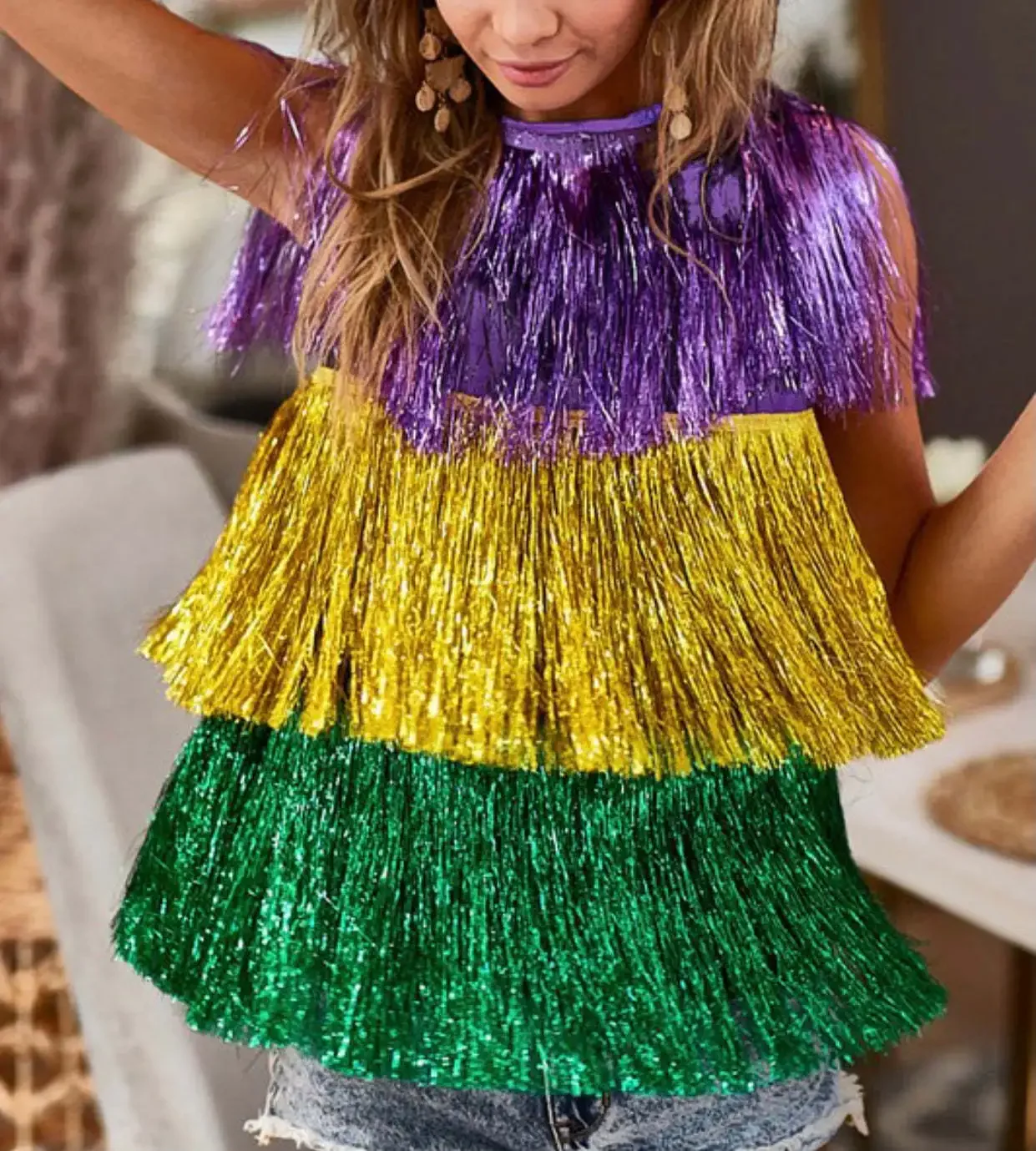 European and American Fashion Carnival Party Wire Poncho Top, Women Spell Color Tassel Bat Sleeve Cape Patchwork Pullover Top