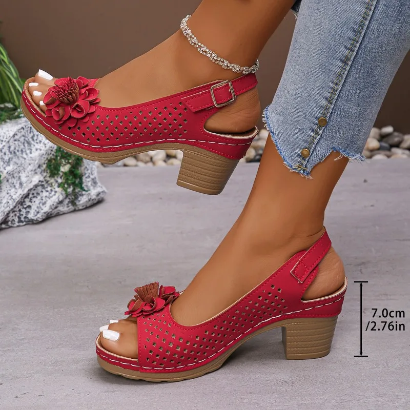 Peep Toe Bloem Versierd Dikke Hoge Hakken Voor Vrouwen 2025, Nieuwe Mode Casual Effen Kleur Gesp Romeinse Sandalen