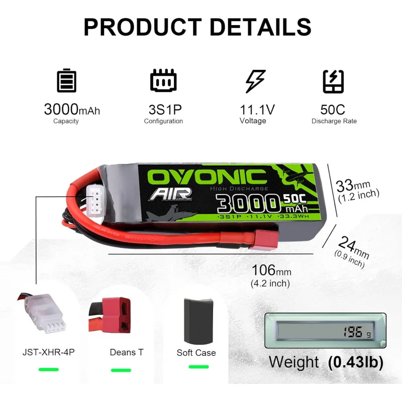 OVONIC 3S Lipo Battery 50C 3000mAh 11.1V Lipo Battery with Dean-Style T Connector for RC Airplane Helicopter Quadcopter RC Car T