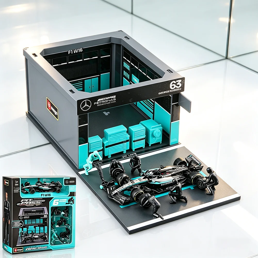 bburago-1-43-2025-f1-mercedes-benz-w16-diy-pit-house-modellino-auto-in-lega-pressofusa-63-george-russell-12-kimi-antonelli