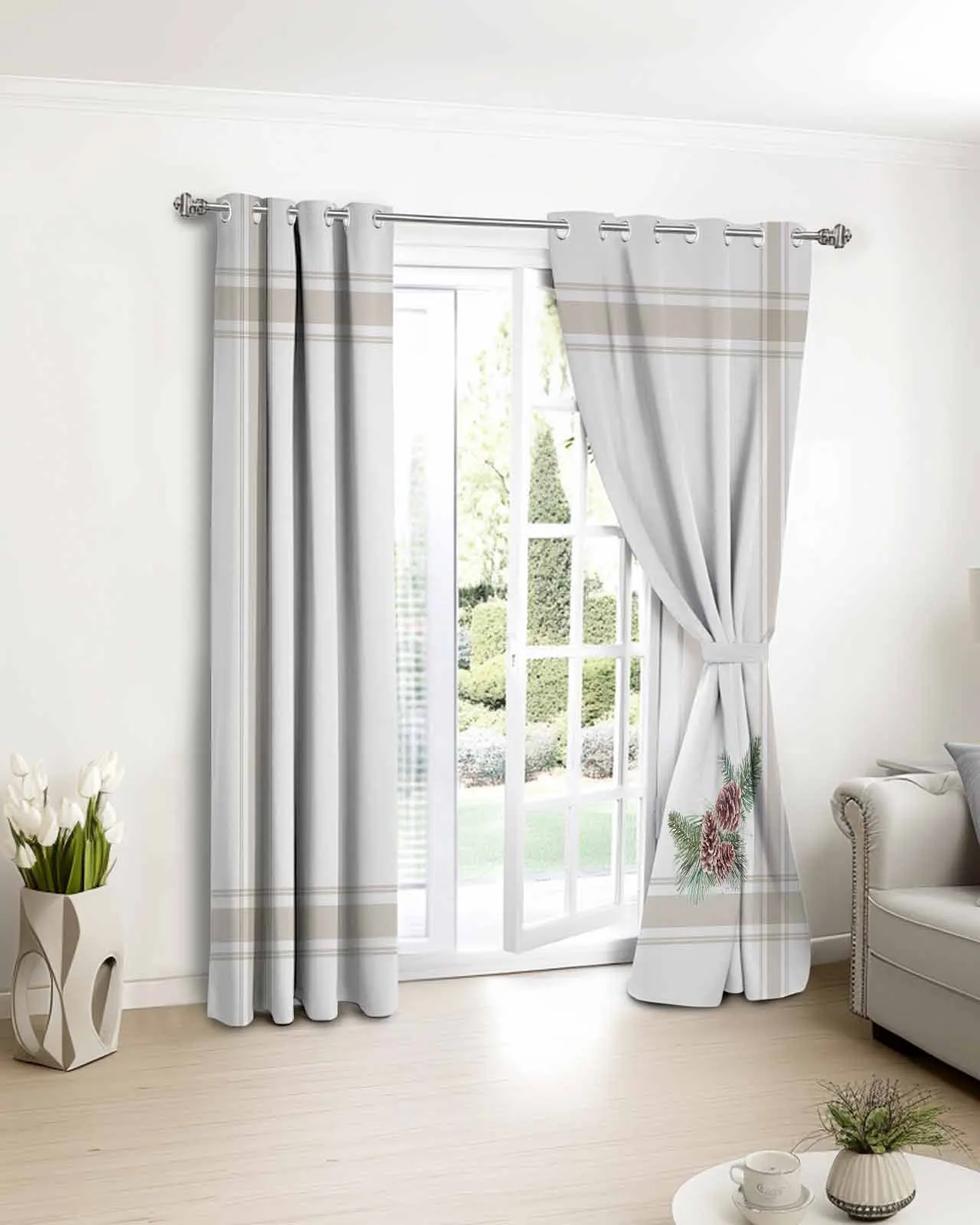 

2pcs, 1 panel Country Pine Branches Stripes Polyester Window Curtains For Living Room Kitchen Bedroom Drapes