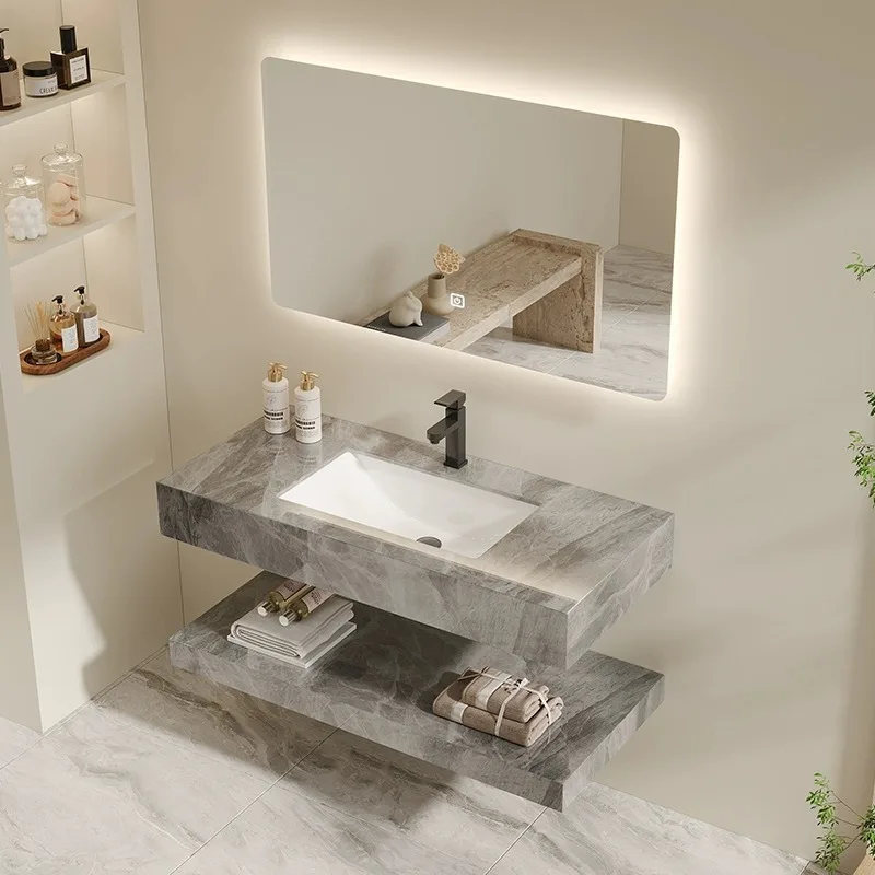 

Hotel engineering rock slab bathroom cabinet ceramic integrated basin cabinet wash basin cabinet