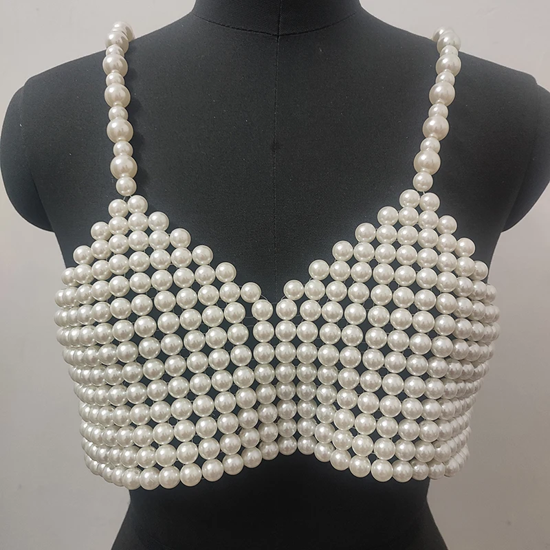 Winter Women's Handmade Pearl Top Wear Street Stylish Beading Vest New Trendy Body Jewelry Elegant Harness For Ladies