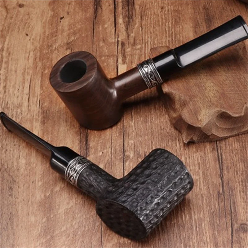 Ebony Wood 9mm Filter Flue Tobacco Pipe Retro Gentleman Bent Type Handle Handmade Smoking Pipe With Accessory Old Dad\'s Gift