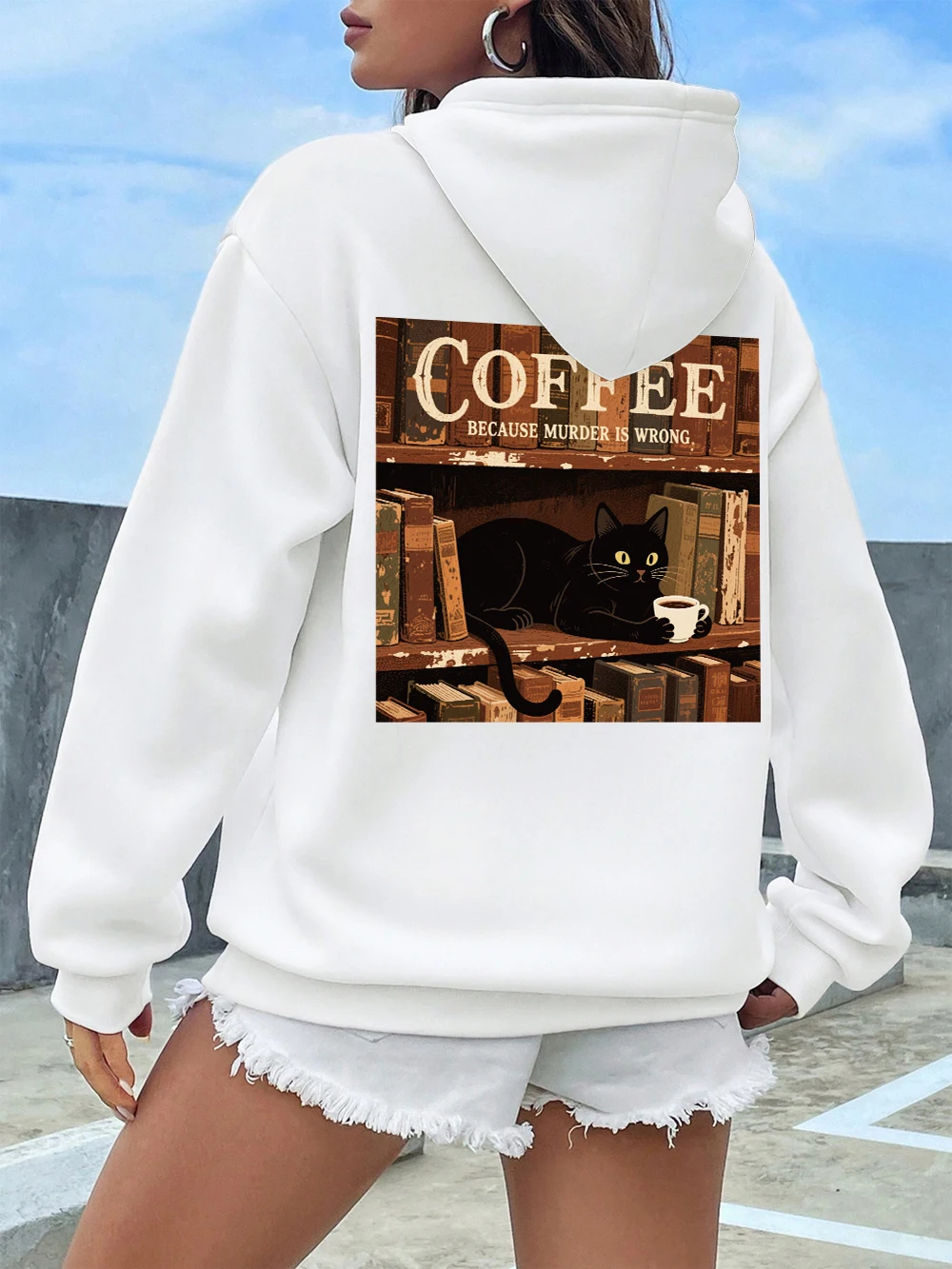 

Толстовки с принтом «Пить кофе», черный кот, женские удобные пуловеры с карманами, зимние флисовые теплые толстовки, базовая спортивная одежда