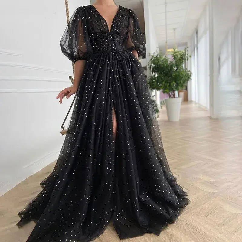 Customized Popular Elegant Deep V-neck Puff Half Sleeve Evening Dresses Sweet Wave Point Tiered Mesh Split Vestidos High Waist L