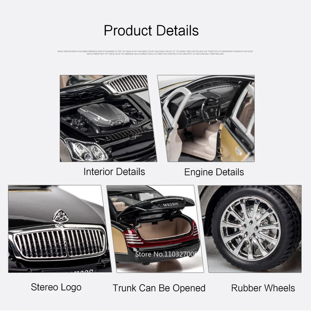 1/24 Maybach 62S Model Car Toy Diecast Alloy Vehicle 6 Door Opened Metal Body Rubber Tire Sound Light Pull Back Toy Gift for Kid