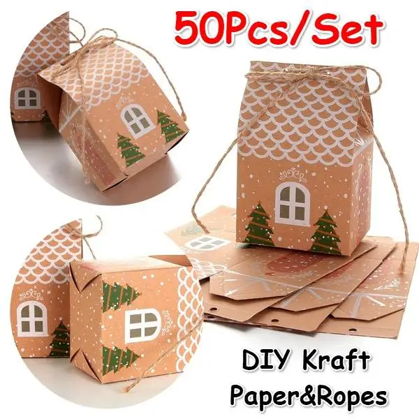 50pcs Party Supplies Holder Xmas Decor House Shape Cookies Pouch Christmas Candy Box Kraft Paper Gif