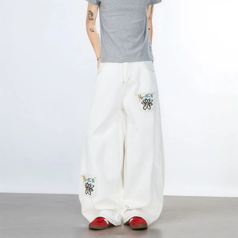 

Американский цветочный принт, облегающие широкие брюки, повседневные эластичные джинсы, мужские осенние винтажные свободные драпированные повседневные брюки, молодежный тренд, ковбойские