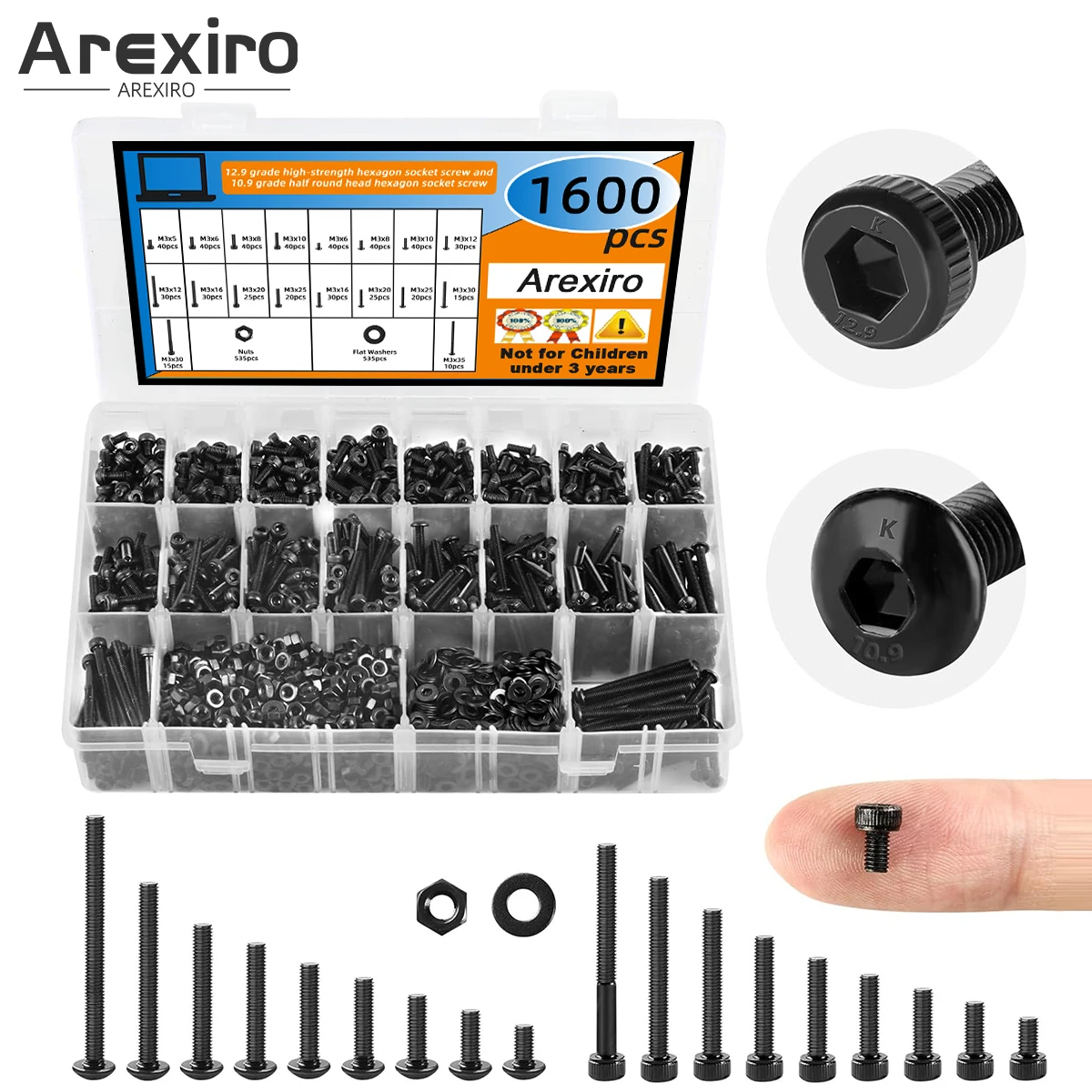 

1600Pcs M3 Screw Kit, 12.9 Grade Alloy Steel Hex Socket Screw Assortment and 10.9 grade half round head hex head screw