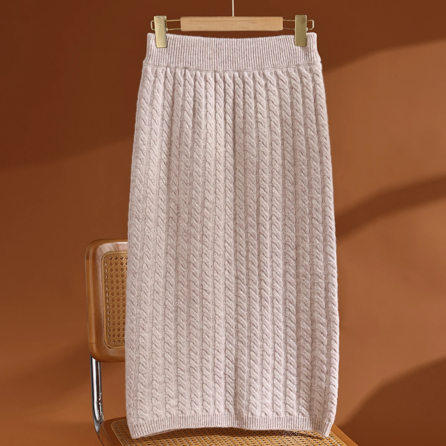 Women 100% Merino Wool Cable Knit Midi Straight Skirt, High Waist Elastic Ribbed Waistband, Solid Good Stretch Clothing Knitted
