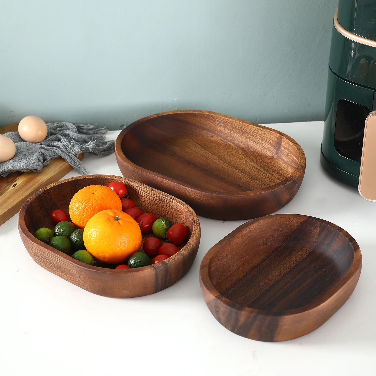 

olelo Wooden Salad Bowl Set of 3-Acacia Oval Dessert Displays Serving Trays Great for Fruit, Food, Salads, Mixing & Serving Bowl