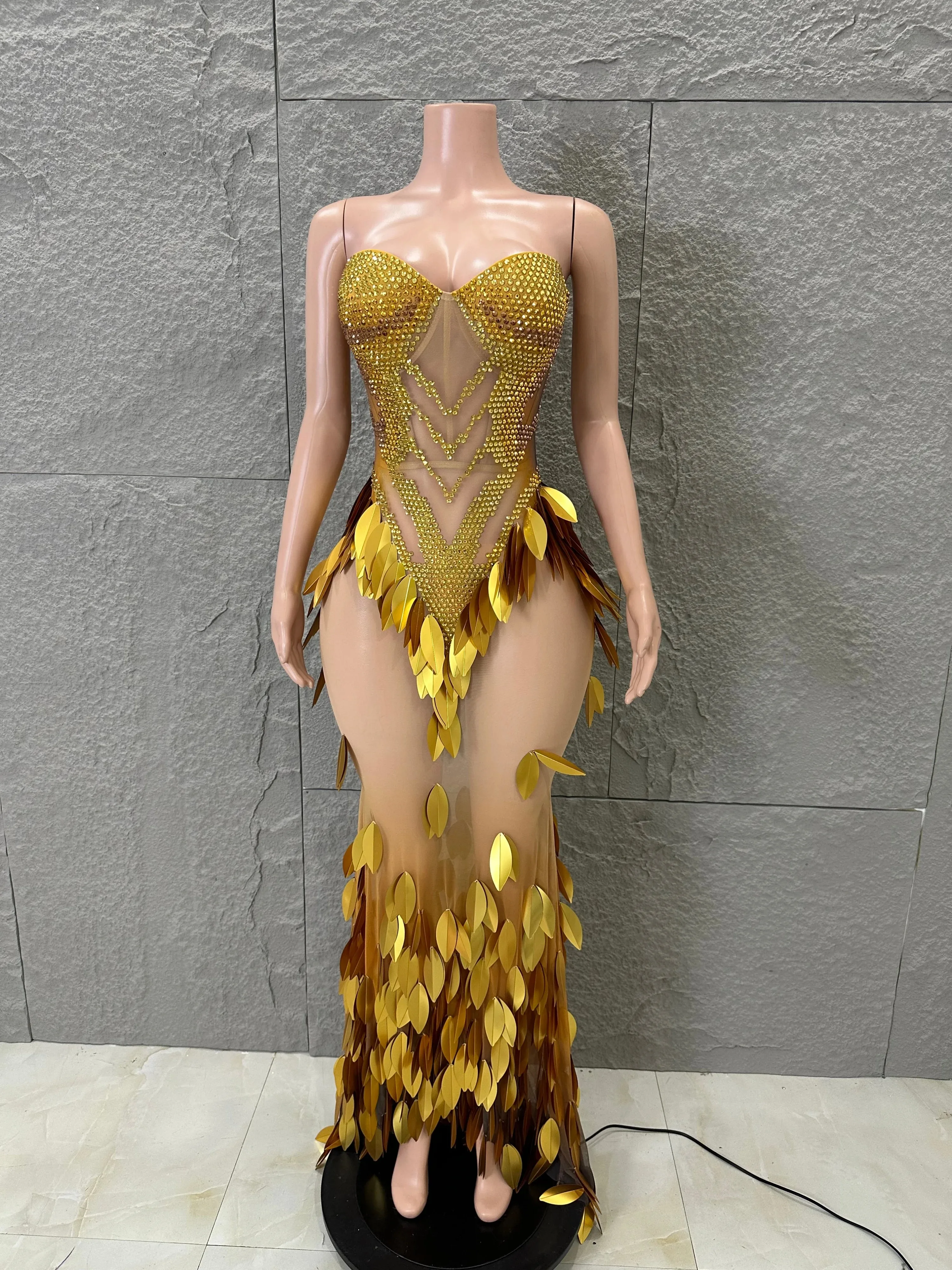 Sophisticated Gold Sheer Mesh Dress Women Strapless Full Crystal Beaded Leaf Bodycon Mermaid Outfit Stage Performance Costume