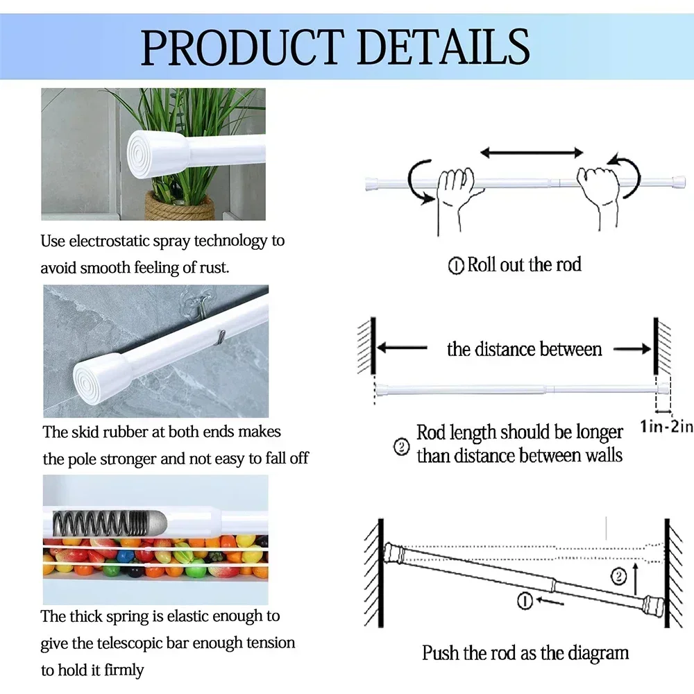 No Drill Spring Tension Curtain Rod Adjustable Extendable Telescopic Pole for Bathroom Kitchen
