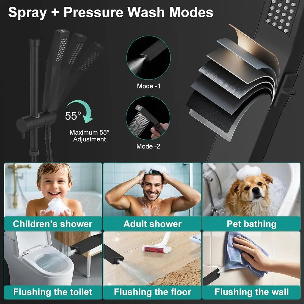 Combo de Chuveiro Preto Fosco 12: Cabeça de Chuveiro de Alta Pressão com Braço Extensível de 16 Polegadas e Divisor de 3 Vias