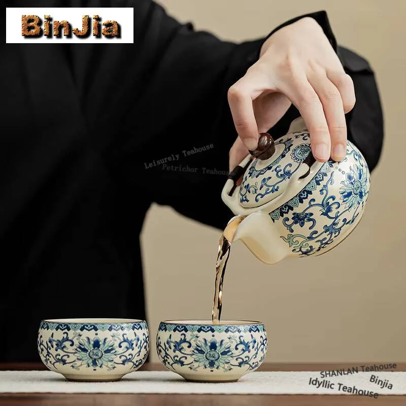 

Chinese Ru Kiln Blue And White Tea Set Kit Boutique 1 Pot 2 Cups Household Tea Maker Outdoor Portable Travel Tote Bag Ornaments