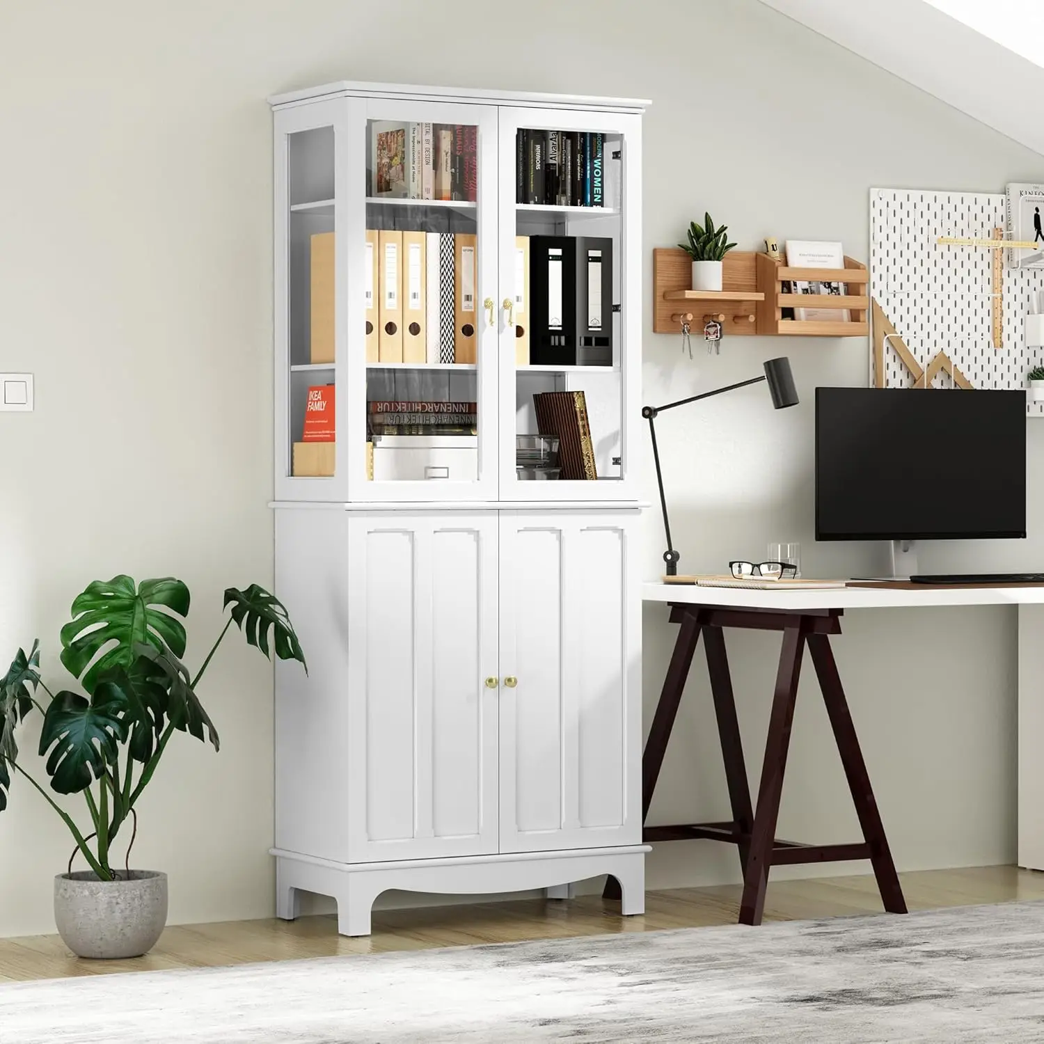 Buffet de Rangement de Garde-Manger de Cuisine, Grande Armoire Classique avec Porte en Verre et Étagères Réglables, 72 Pouces