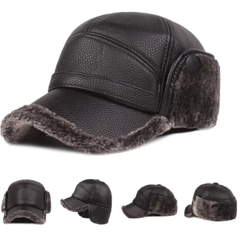 Multi Functional Foldable Winter Thickened Leather Cap With Built-in Earmuffs For Cold Wind As Warm Outdoor Sports Baseball Caps