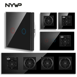NYWP Touch sensor switch with socket crystal glass panel 110~250V 16A 157*86 wall socket with Light Switch 1/2/3Gang 1Way