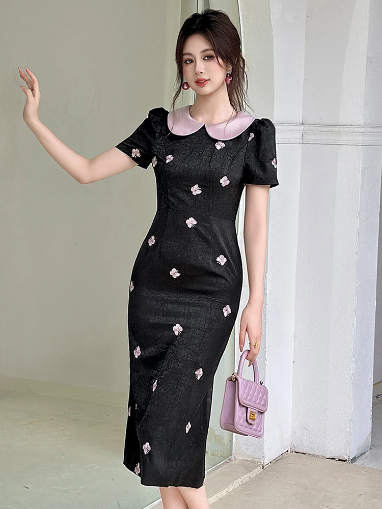Vêtements pour femmes exquis doux rose papillon broderie Robe formelle élégante dame mince Banquet Robe Midi femme robes de fête
