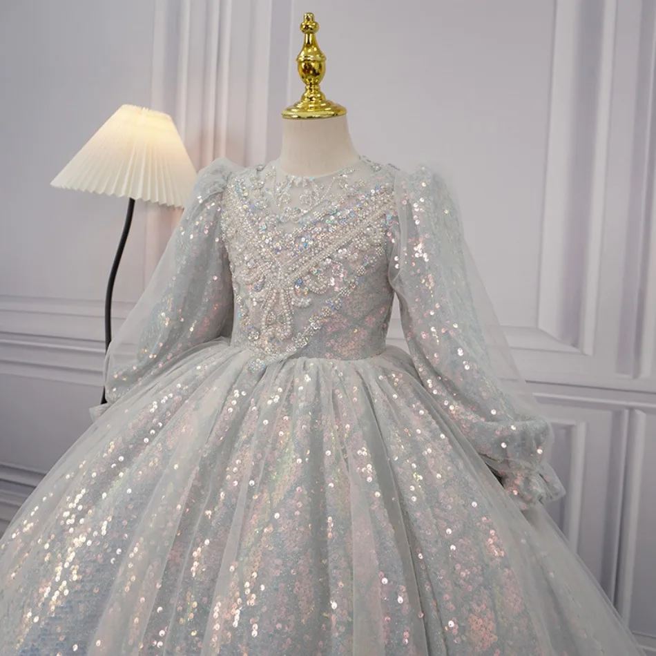 Shining Pink Flower Girl Dresses for Wedding Sequins Beaded Tea Length Girl Kids Birthday Party First Holy Communion Gowns