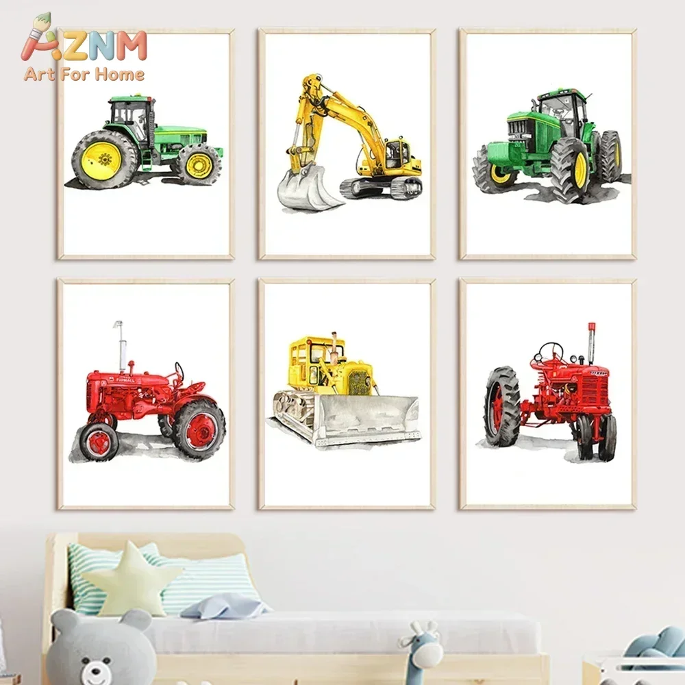 AZNM Watercolor Tractor Excavator Construction Vehicle Canvas Poster, Frameless Cool Wall Art For Boys Nursery Kid Bedroom Playr