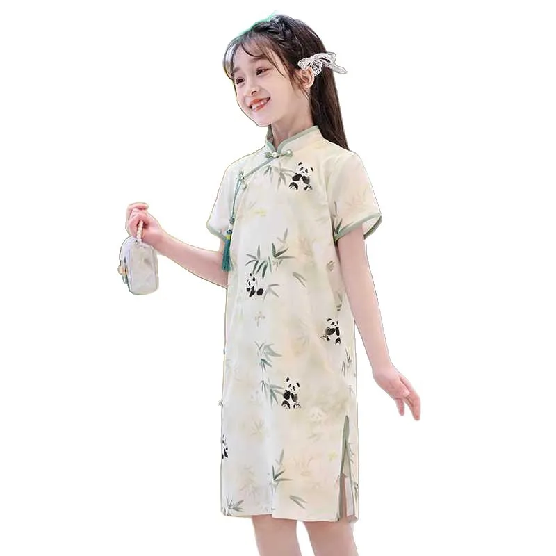 2026 Chinese Summer Panda Girls Clothes Retro Teens Lace hanfu Qipao Mesh Child Princess Flower Dress 5 6 7 8 9 10 12 New Year