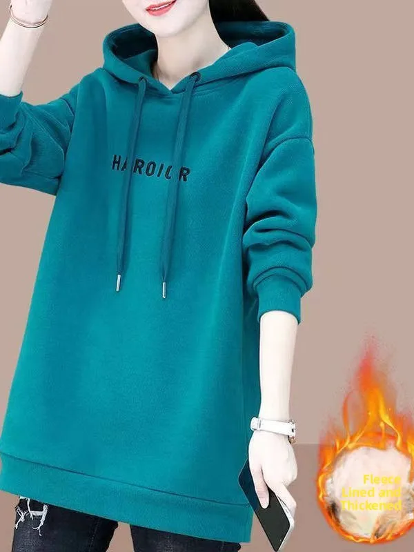 Thiened Fce Hoodie Women's Mid-Length Long Sve Faionable Loose plus Size Autumn Winter New Sle Korean Version
