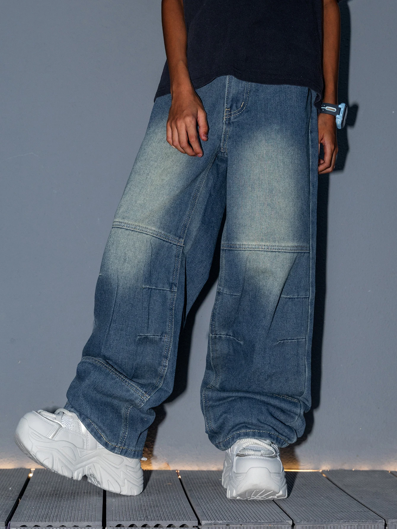 

Teenage Boys' Preppy Loose-Fit Wide Leg Straight Leg Jeans - Vintage Wash Casual Long Denim Pants