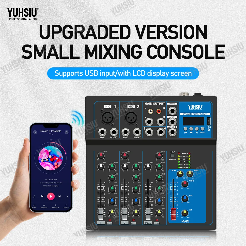 

YUHSIU 4 Channels Audio Mixer UHF Wireless Microphone Audio Interface Mixing Console Bluetooth Record PC Delay Repaeat Effect