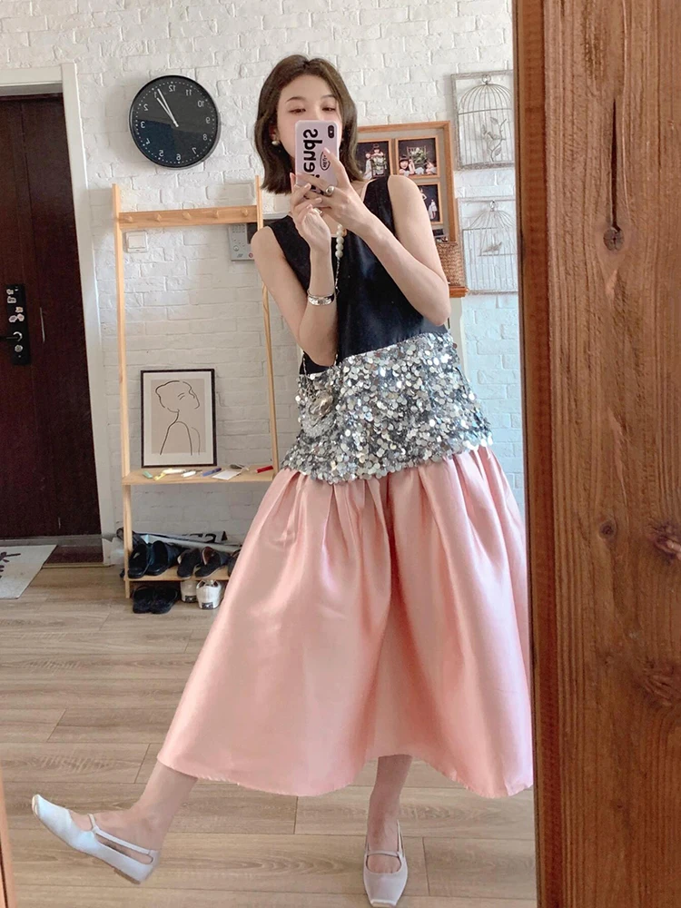 ReddaChic Women Sequined Tank Long Skirt Pretty and Elegant Color Block Ruffle Skirt Stitch Tank Top Set Work Summer Clothes view 2