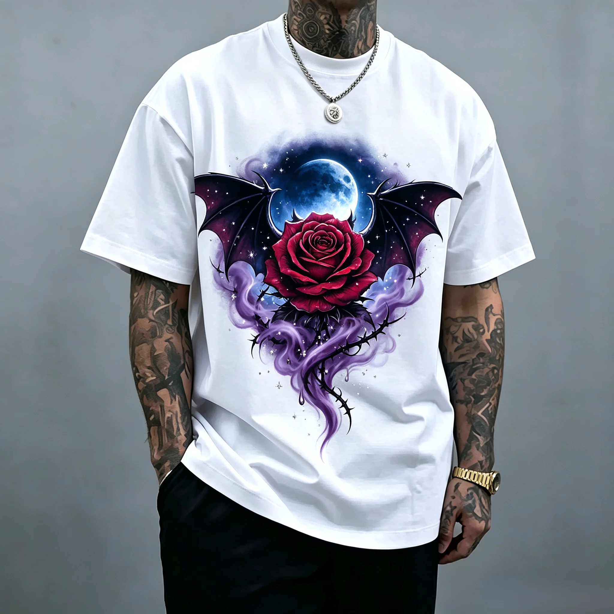 Dark Witchy Bat Wings Red Rose Full Moon Print Tshirt Gothic Aesthetic Thorn Flower Oversized White Tee Unisex Casual Streetwear Short Sleeve Men And Women