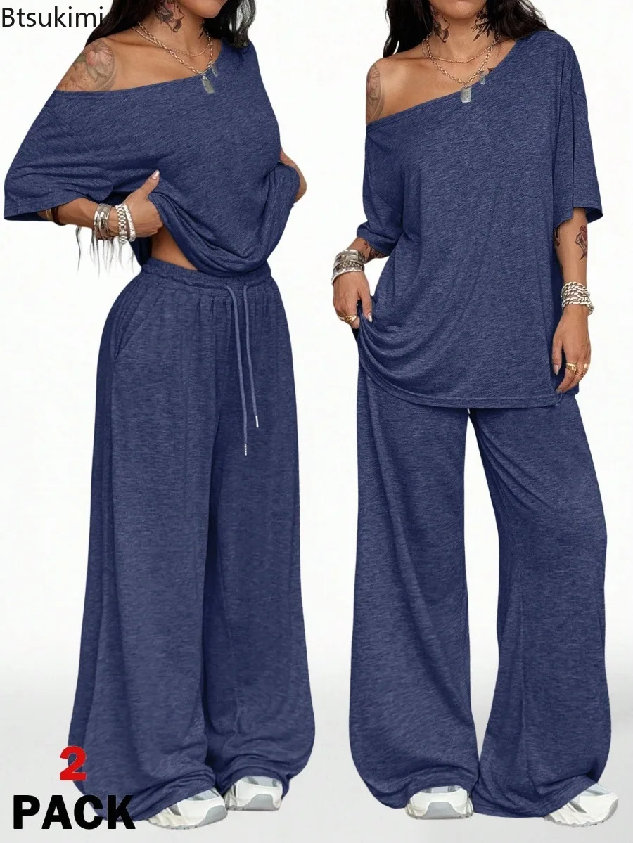 New Women 2 Piece Set Solid Color Off Shoulder Top Wide Leg Pants Long & Short Sleeve Casual Loose Simple Daily Homewear Suit