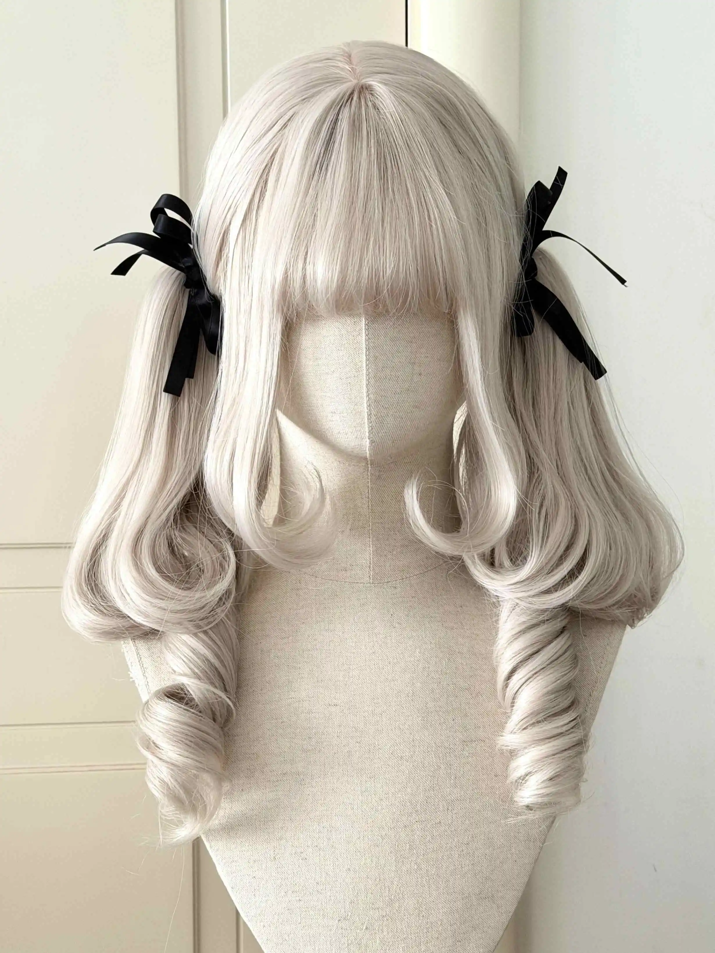 LM Synthetic Wig Milky White Spiral Curly Double Ponytail Wig With Ponytail Lolita Wig with Bangs for Cosplay Daily Party