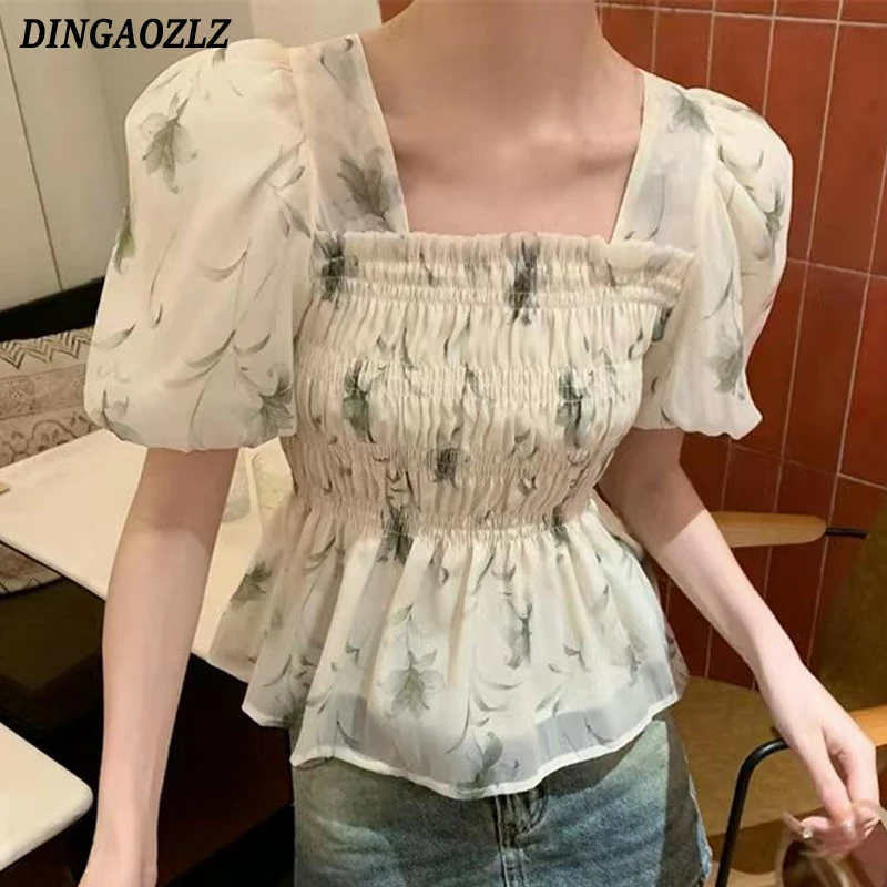 ฤดูร้อนภาษาฝรั่งเศสคําสแควร์คอเสื้อชีฟองแขนฟองดอกไม้พิมพ์เสื้อ Slim หวาน Ruffles Lace Up ผู้หญิงเสื้อ