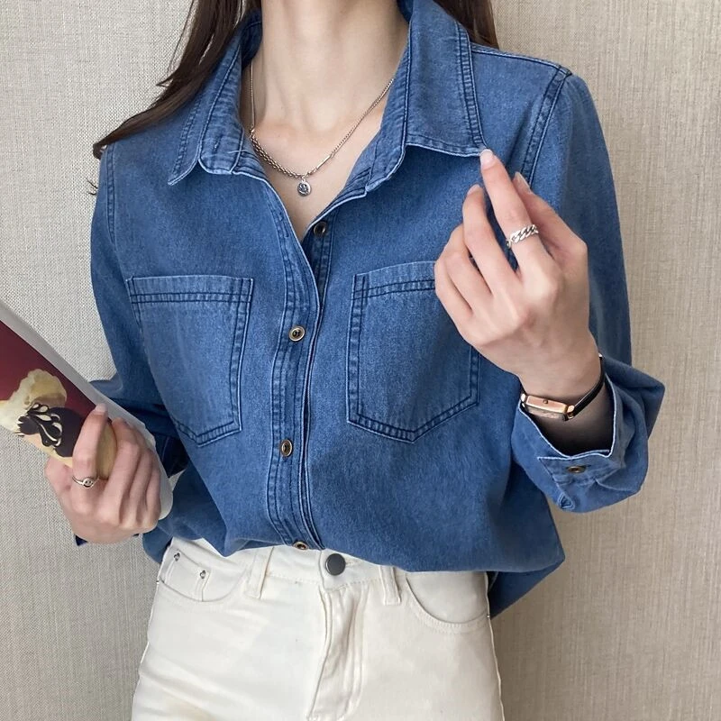 

Retro Blue Shirt Denim Shirt for Women spring 2026 New Design Shirts Long Sleeved Solid Single Breasted Jeans Jacket for Women