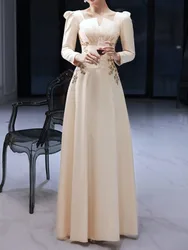 Square Collar Elegant Slim Waist Appliques Wedding Party Dresses Solid Temperament Long Sleeve Prom Dress Simple Even