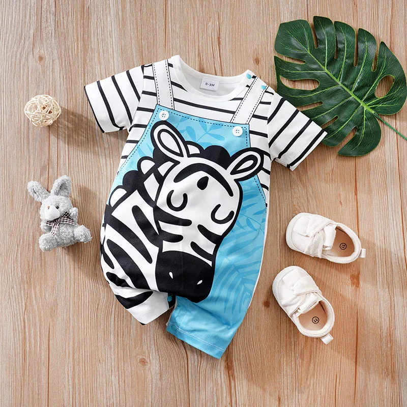 

Newborn boys and girls summer blue and white contrasting color striped zebra soft and comfortable round-neck jumpsuit