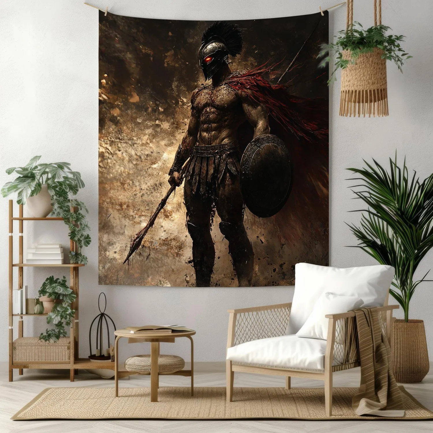 VIKAMA Spartan Warrior Tapestry Wall Hanging Black White Gladiator Helmet Portrait Grunge Aesthetic Wall Art Bedroom Dorm Decor view 3