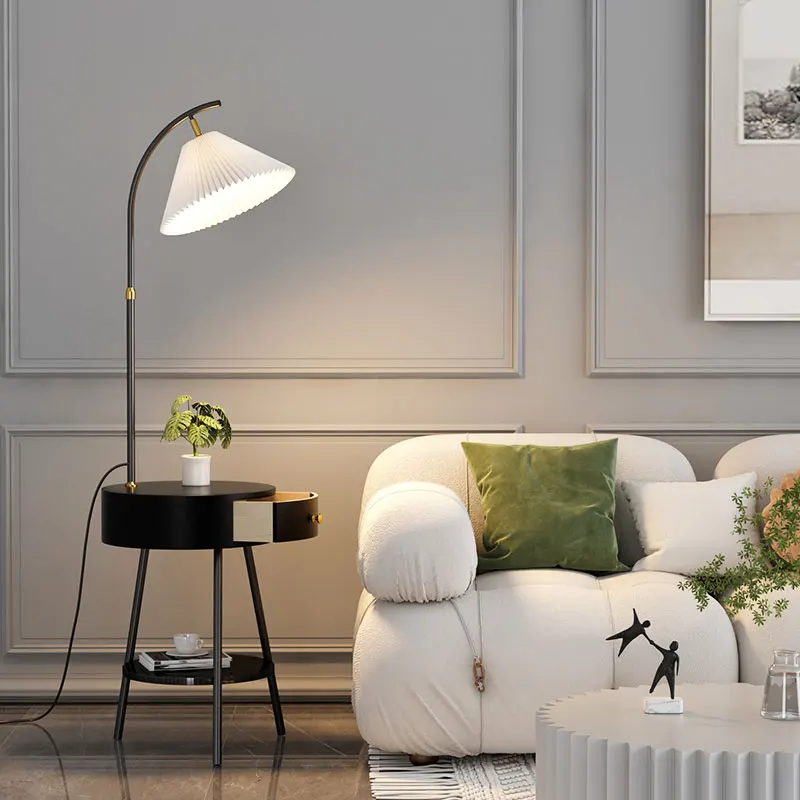 Pleated Arc Floor Light LED Wood Shelves Floor Light Living Room Bedroom Corner Home Decoration Marble Standing Light E27
