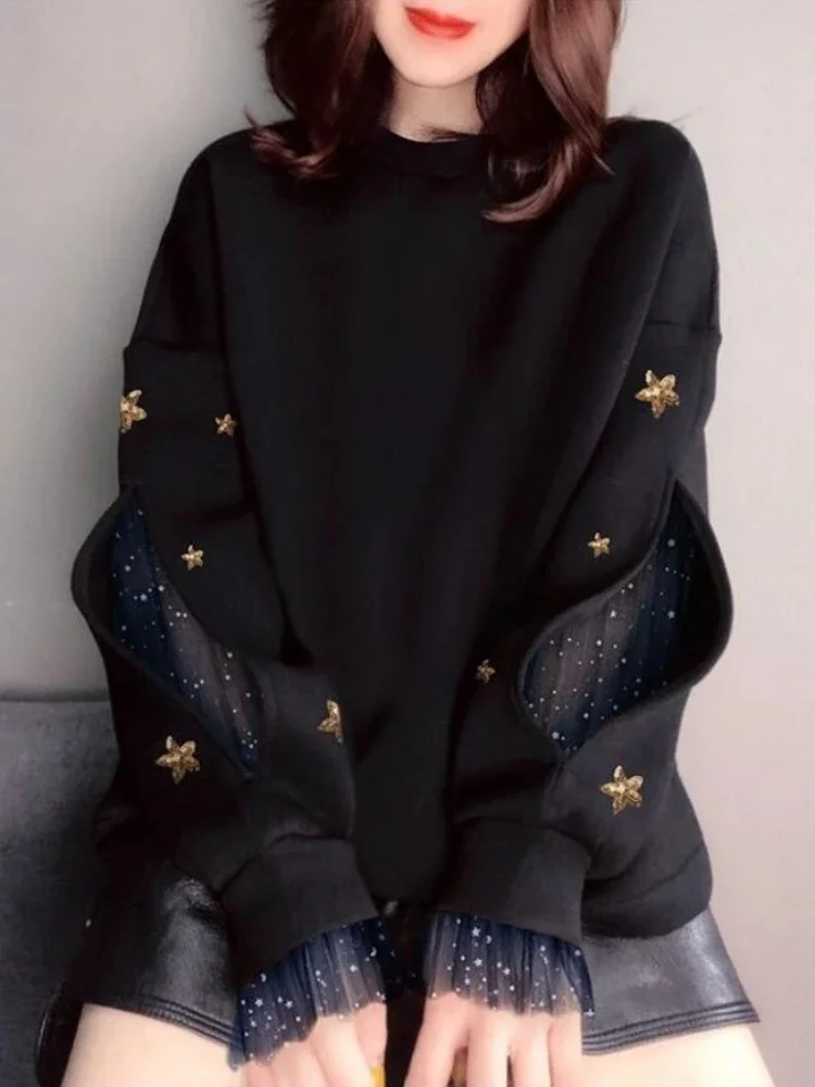 

Black Female Clothes Round Neck Splicing Sequins Tops Pullovers Graphic Sweatshirts for Women Warm 90s Vintage Matching Emo Y2k