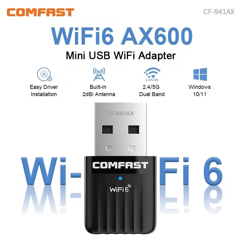 미니 와이파이 6 어댑터 USB AX600 와이파이 어댑터, 802.11ax 드라이버, 무료 5GHz + 2.4GHz 무선 동글, PC 노트북 Win 10/11