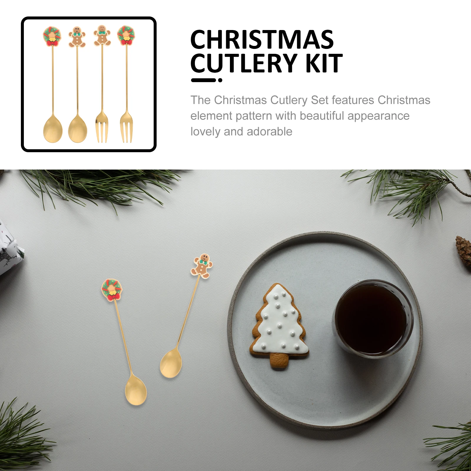 

1Set Christmas Cutlery Kit Xmas Spoon Fork Stainless Steel Flatware Set Party Dessert Teaspoon Cartoon Tableware Supplies