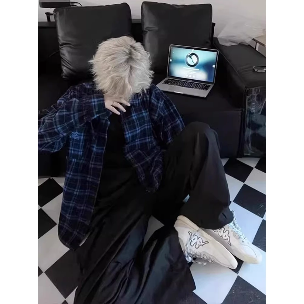 

Ретро-рубашка в американском стиле, темно-синяя, в клетку, мужская, осенняя, премиум-класса, из полиэстера, с длинным рукавом