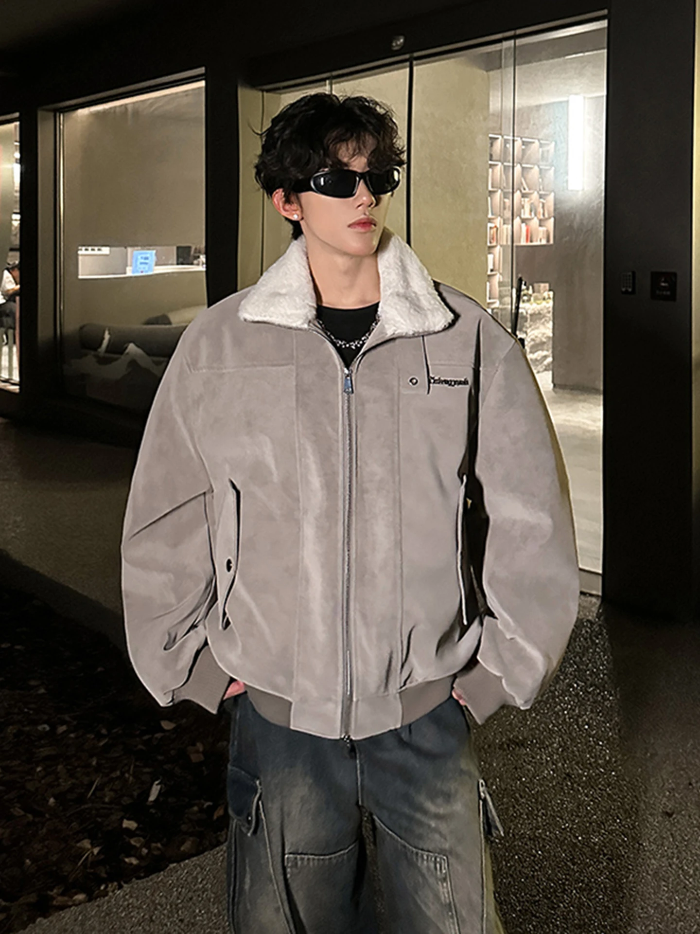 الرجال Thiened الشتاء Jaet الفراء طوق الجلود والفراء الدقيقة بدوره إلى أسفل طوق ملابس العمل القطن الراقية الأمريكية Sle...