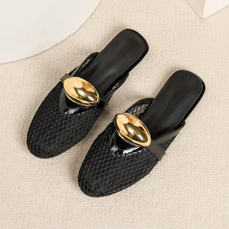 여름 메쉬 플랫 슬리퍼 여성용 금속 장식 디테일 라운드 - Mesh Strap Metal 리뷰 및 가격