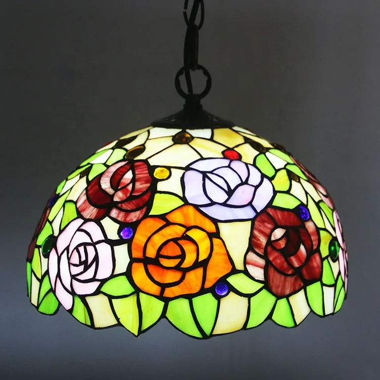 Rose Tiffany Style Stained Glass lamp Ceiling Pendant Fixture with Length Adjustable Hanging Chain 12Inch