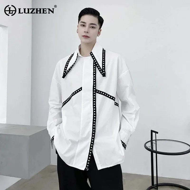 

Мужская модная рубашка LUZHEN 2026: Весенняя коллекция, оригинальный дизайн с бриллиантовым пэчворком и контурным узором, длинный рукав, стильный топ JY6279