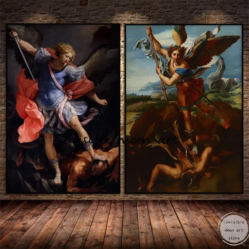 Vintage Saint Michael Archangel Defeating Satan Canvas Art Posters  Religious Wall Prints for Home Decor